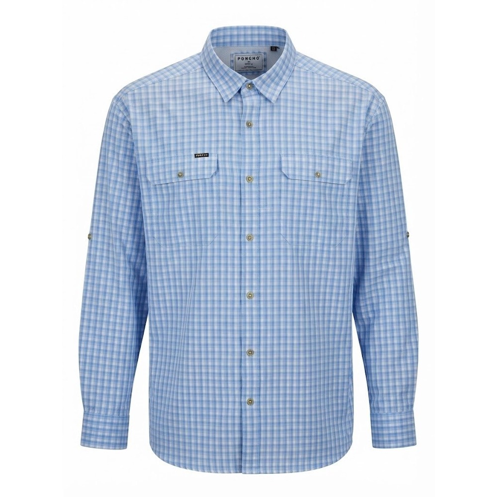 Poncho Mens 3XL Blue Plaid Magnetic Pockets Roll Tab Sleeve The Wahoo Shirt - MD